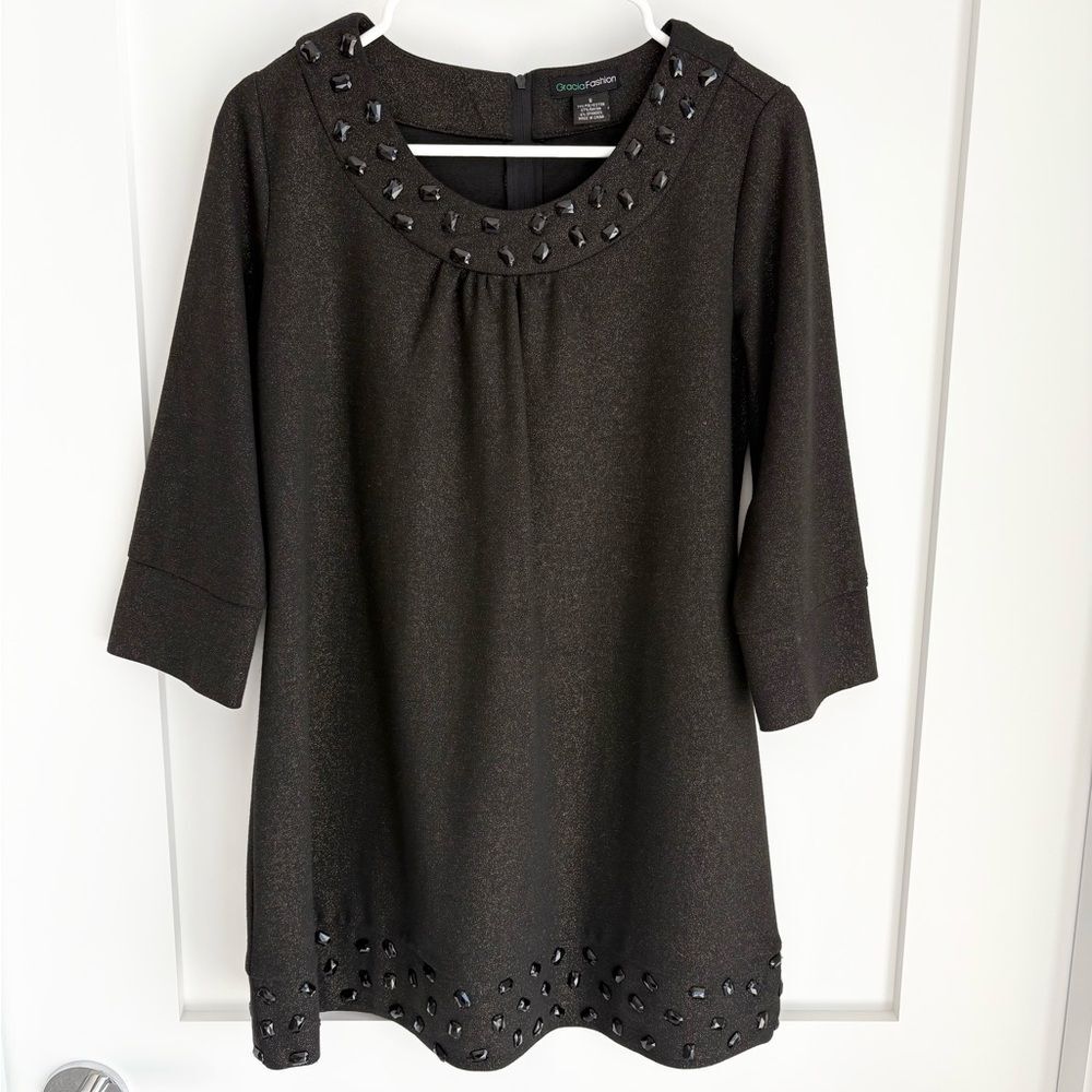 Gracia Fashion Metallic Shimmer Rhinestone Embellished Shift Dress size Small